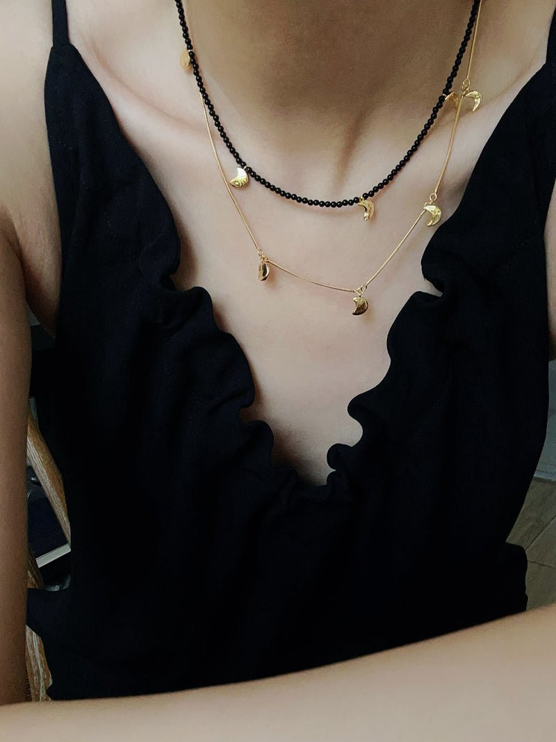 Golden Moon Pendant Black Agate Beaded Necklace gembea jewelry