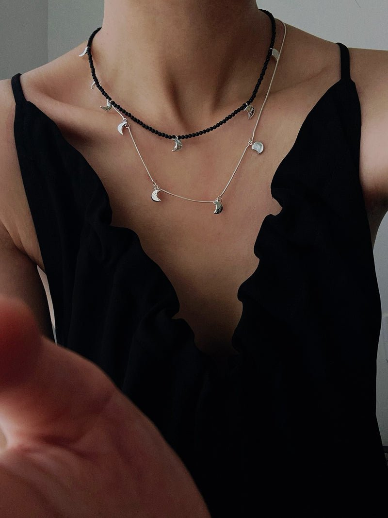 Golden Moon Pendant Black Agate Beaded Necklace gembea jewelry