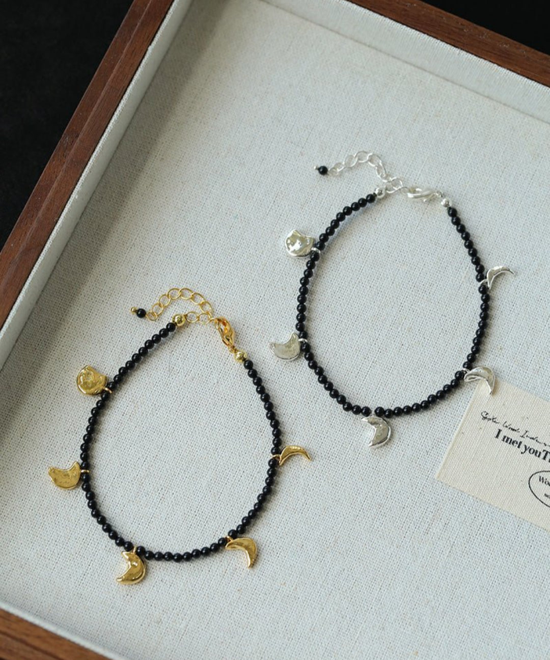 Golden Silver Moon Black Agate Beaded Bracelet gembea jewelry