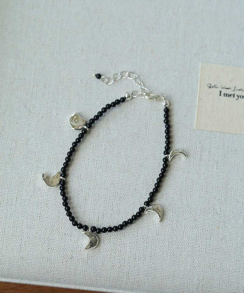 Golden Silver Moon Black Agate Beaded Bracelet gembea jewelry