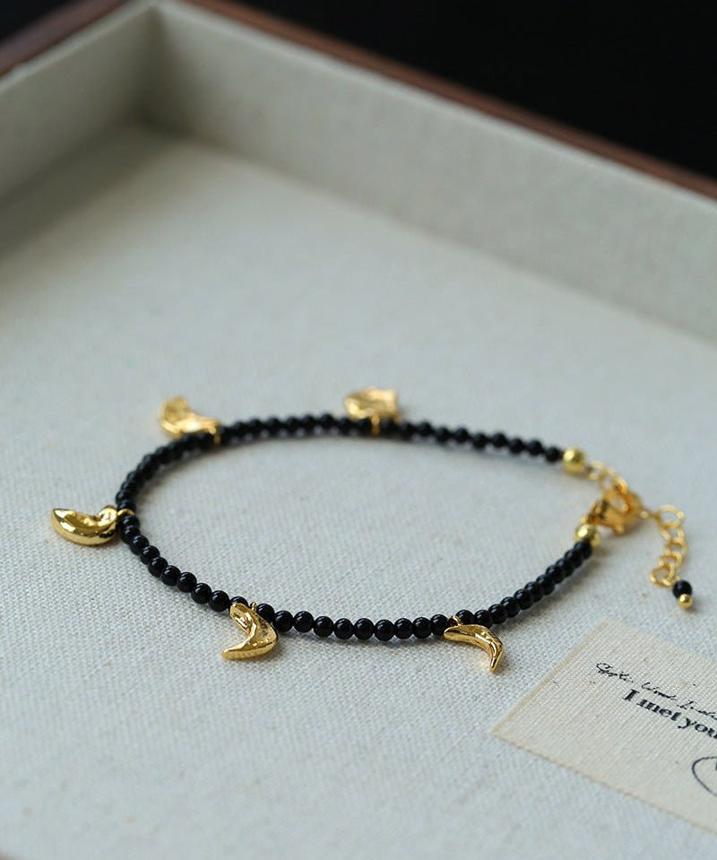 Golden Silver Moon Black Agate Beaded Bracelet gembea jewelry