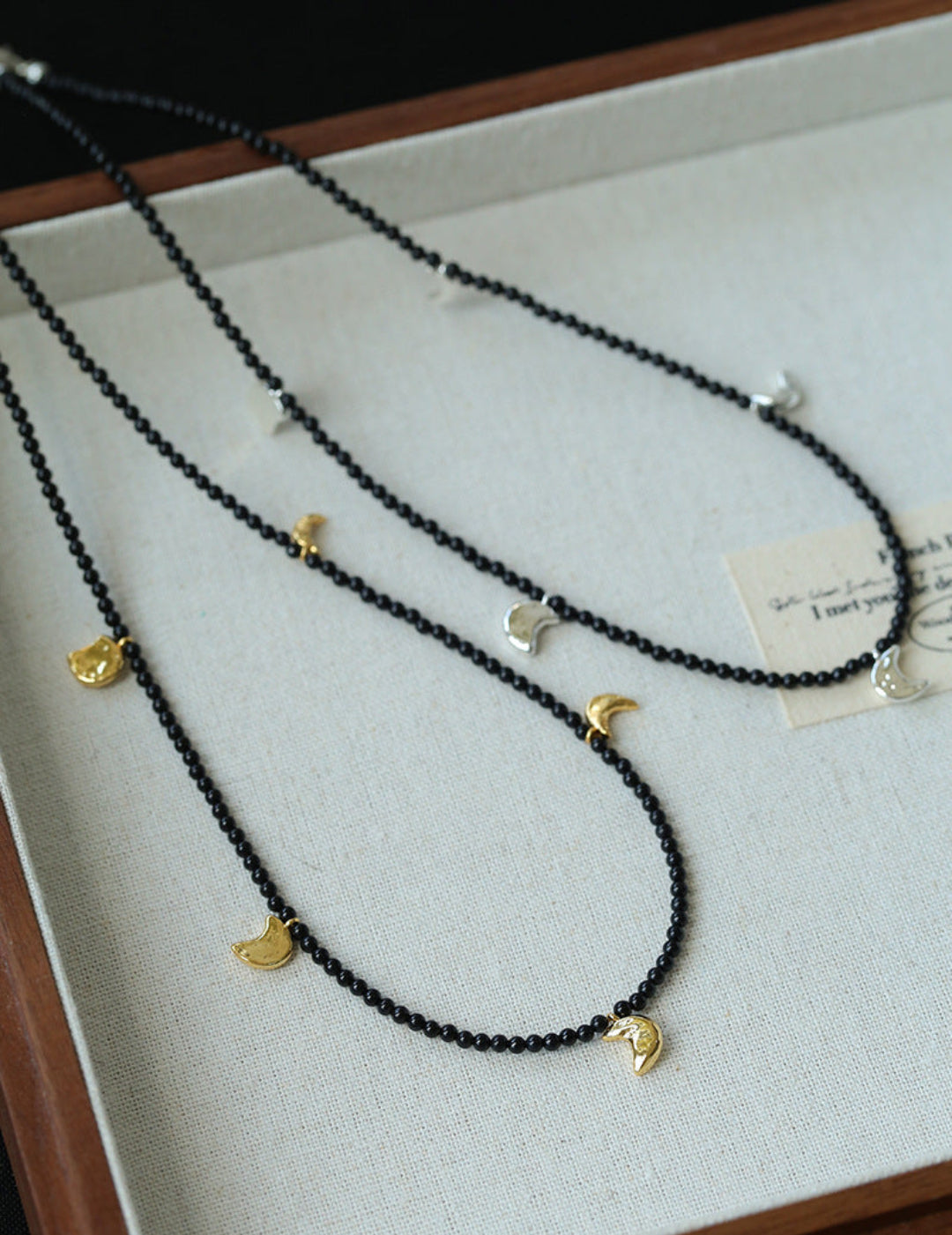Golden Silver Moon Black Agate Beaded Necklace gembea jewelry