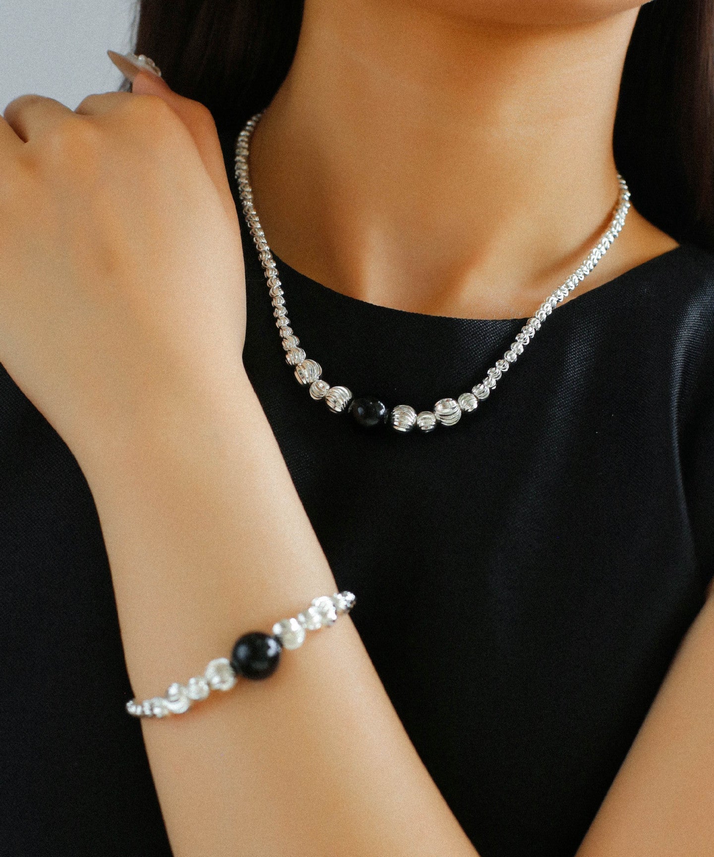 Graduated Silver Bean Red Black Agate Bracelet-Gembea jewelry