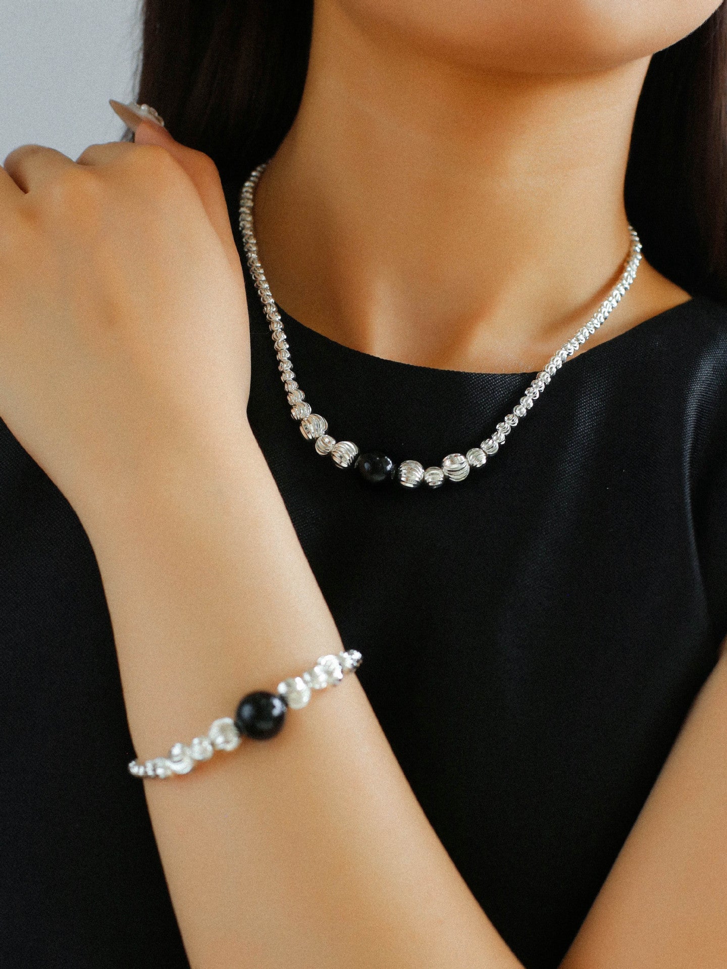 Graduated Silver Bean Red Black Agate Bracelet-Gembea jewelry