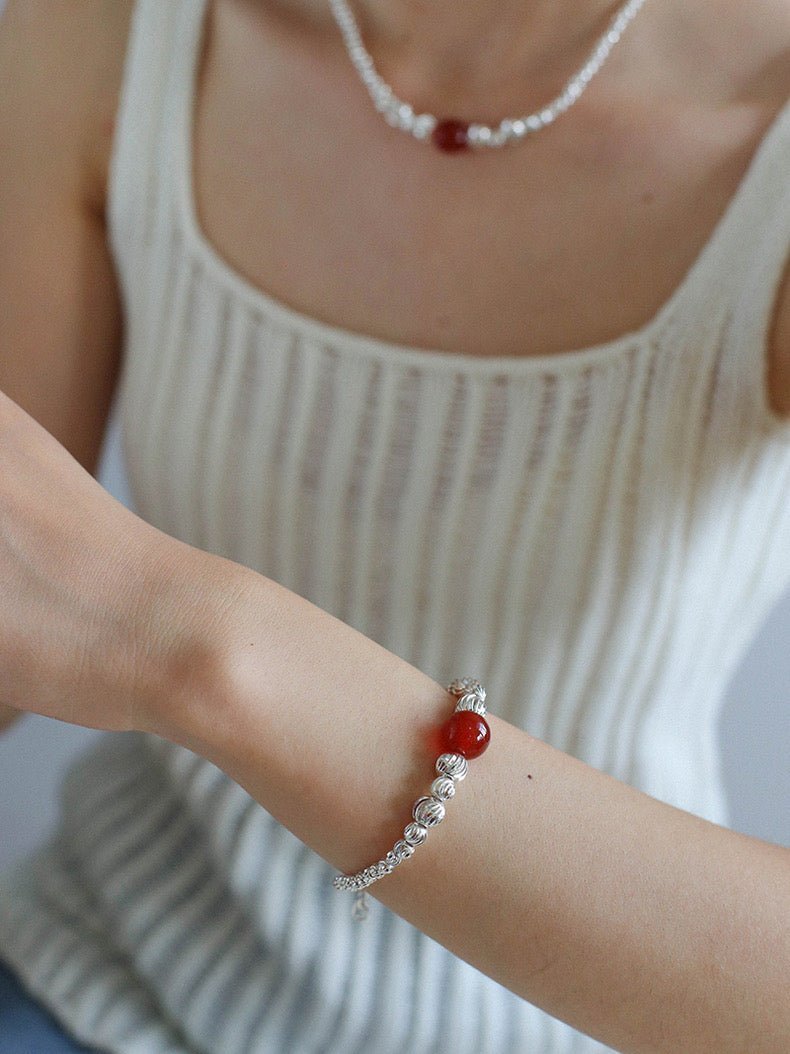 Graduated Silver Bean Red Black Agate Bracelet-Gembea jewelry