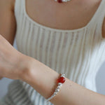 Graduated Silver Bean Red Black Agate Bracelet-Gembea jewelry