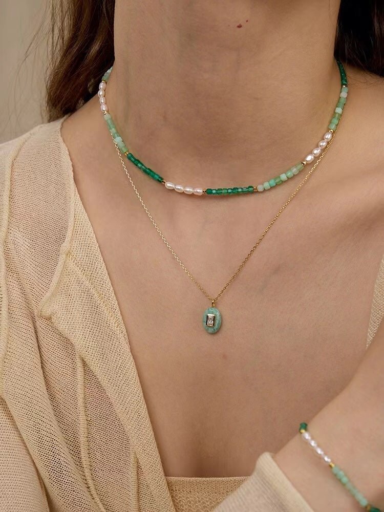 Green Agate Aquamarine Stone Beaded Necklace Gembea Jewelry