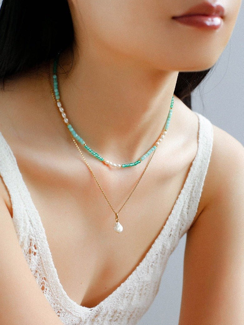 Green Agate Aquamarine Stone Beaded Necklace Gembea Jewelry