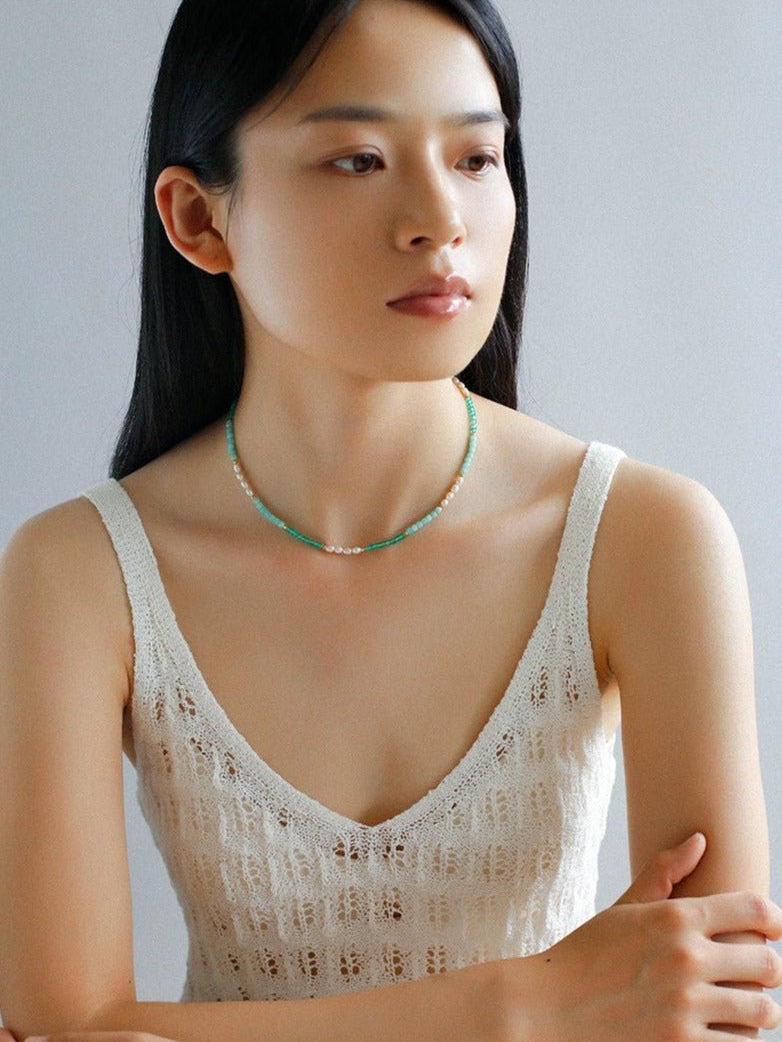 Green Agate Aquamarine Stone Beaded Necklace Gembea Jewelry