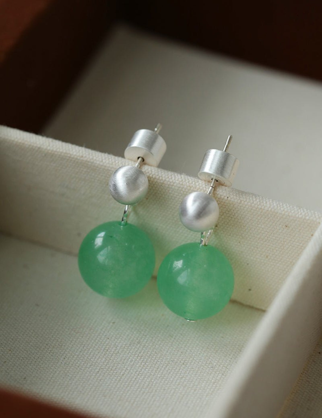Green Eastern Jade Silver Bead Drop Earrings Gembea Jewelry
