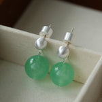 Green Eastern Jade Silver Bead Drop Earrings Gembea Jewelry