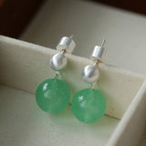 Green Eastern Jade Silver Bead Drop Earrings Gembea Jewelry