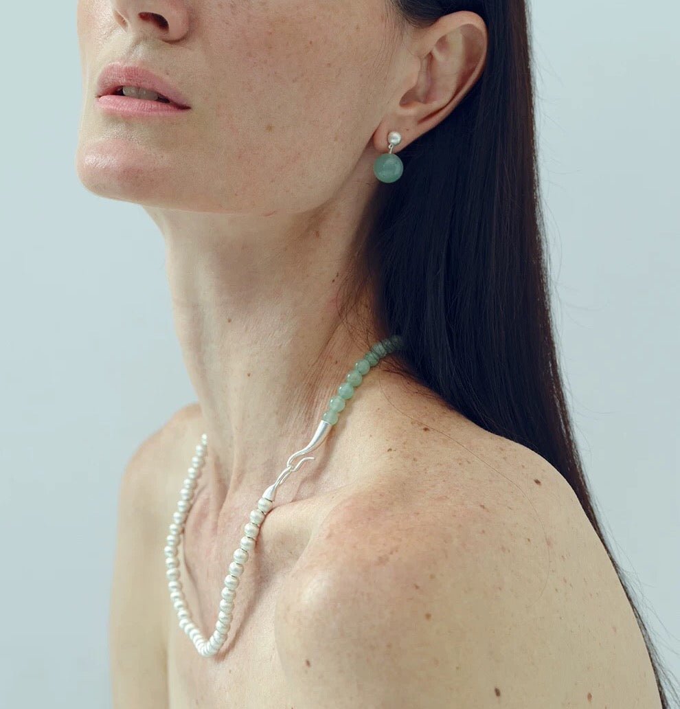 Green Eastern Jade Silver Bead Drop Earrings Gembea Jewelry