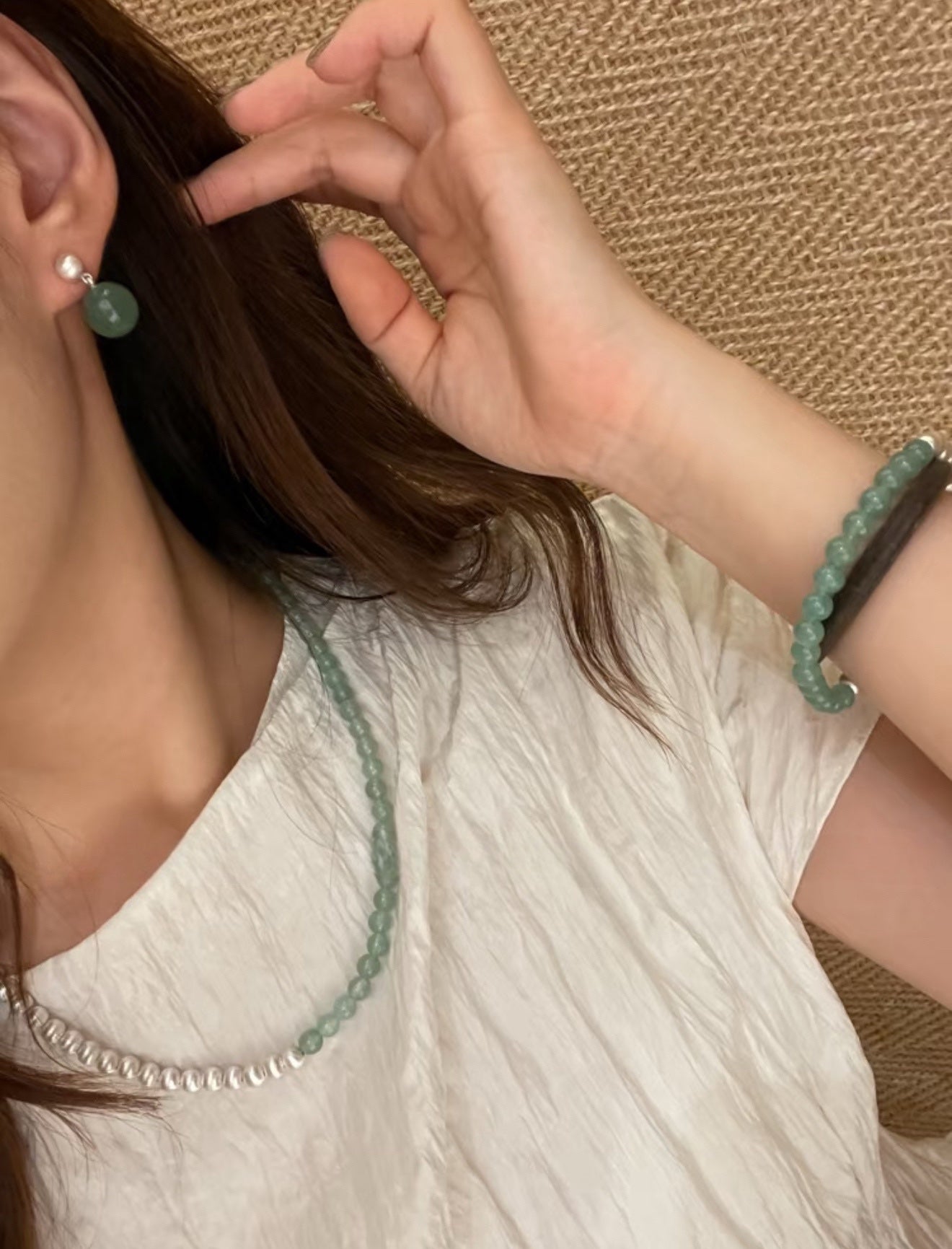 Green Eastern Jade Silver Bead Drop Earrings Gembea Jewelry