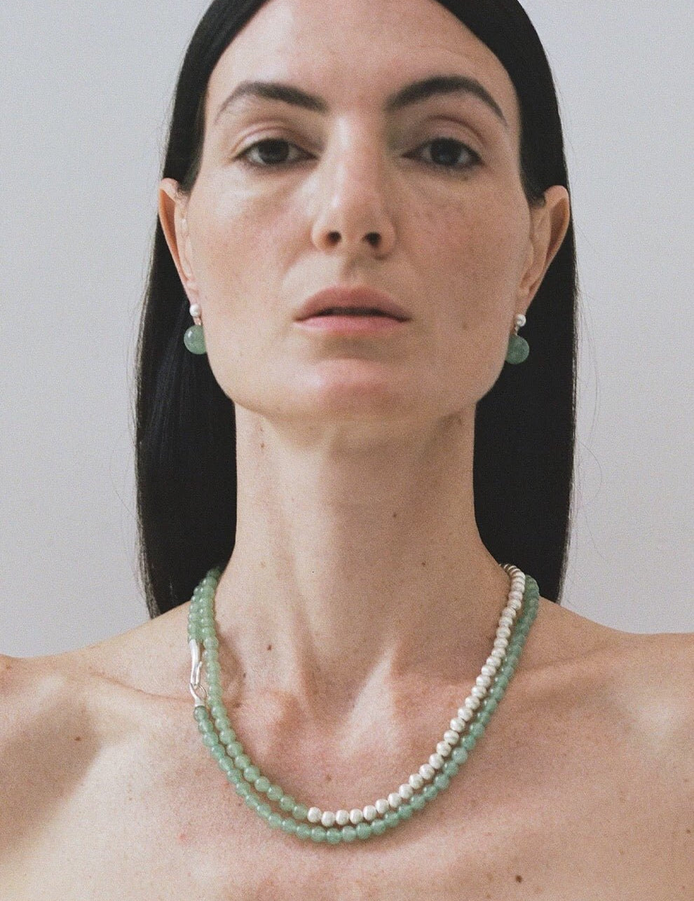 Green Eastern Jade Silver Bead Necklace gembea jewelry