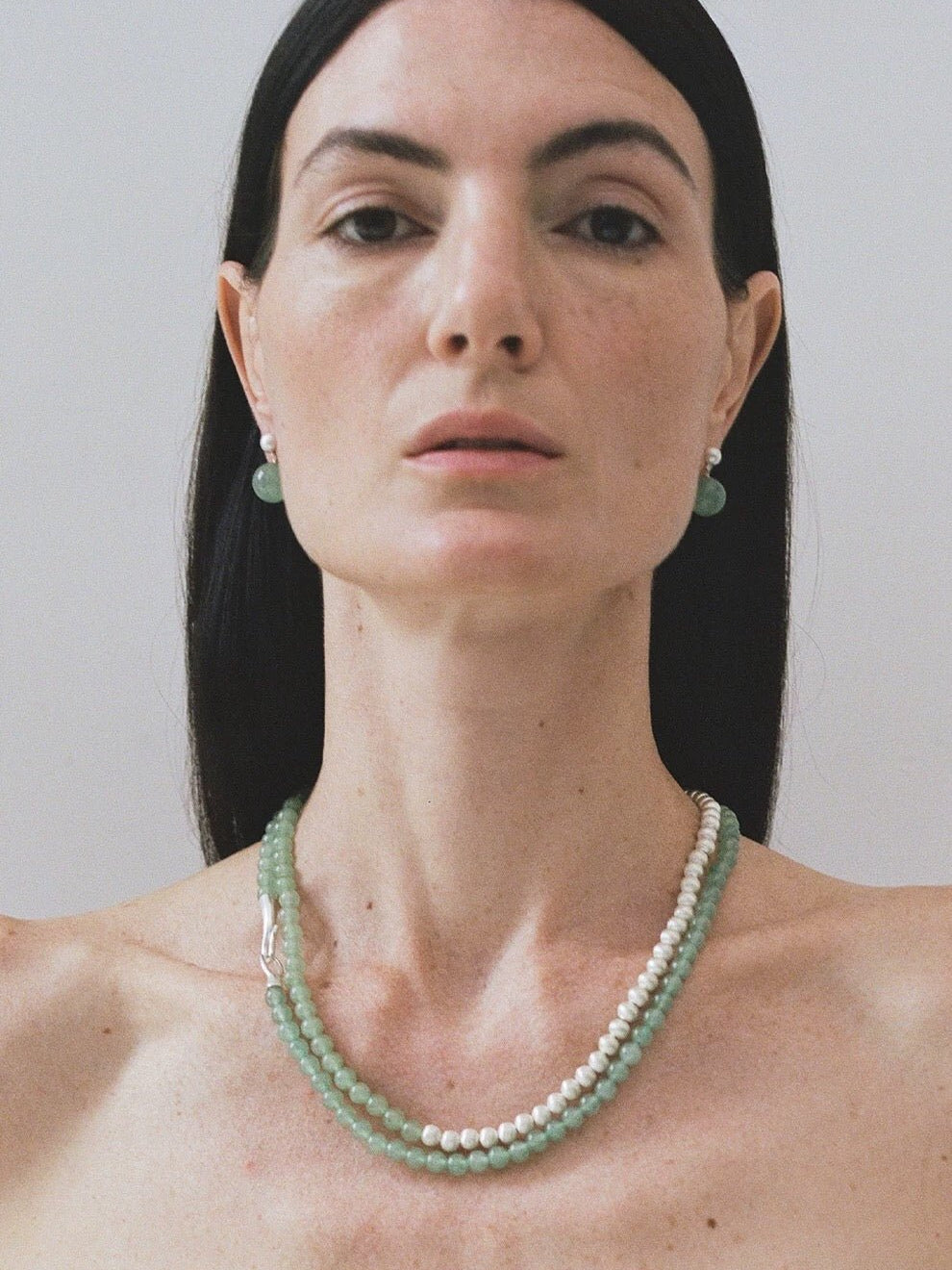 Green Eastern Jade Silver Bead Necklace gembea jewelry