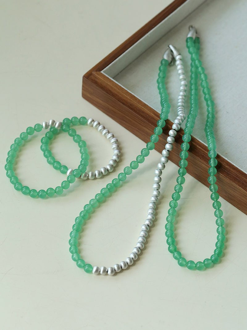 Green Eastern Jade Silver Bead Necklace gembea jewelry