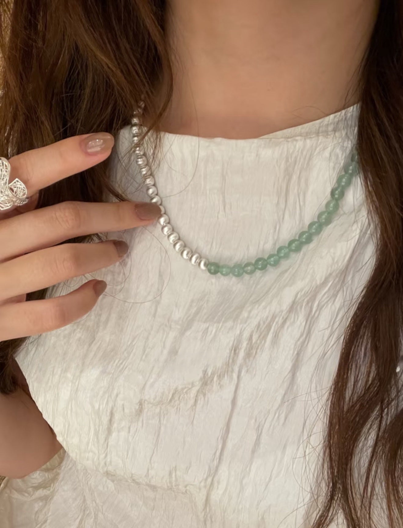 Green Eastern Jade Silver Bead Necklace gembea jewelry