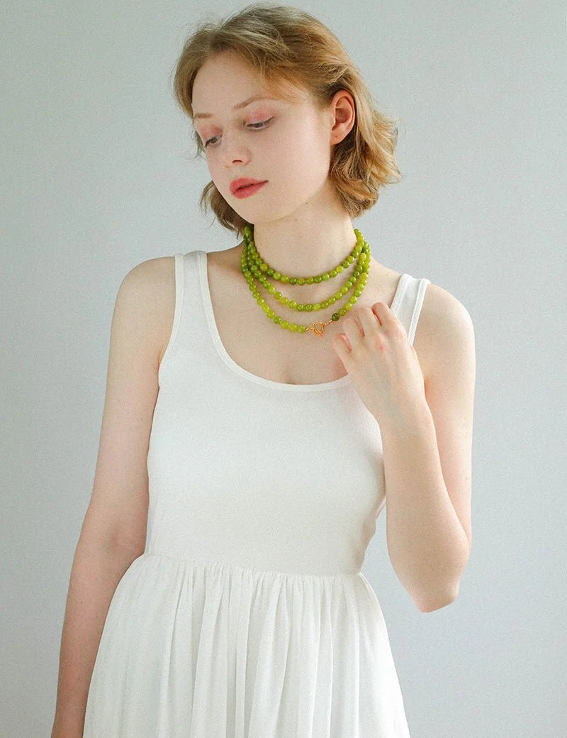 Green Grape Stone Beaded Long Necklace 8mm-Gembea Jewelry