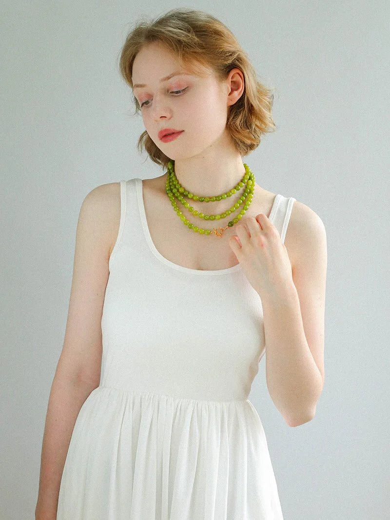 Green Grape Stone Beaded Long Necklace 8mm-Gembea Jewelry