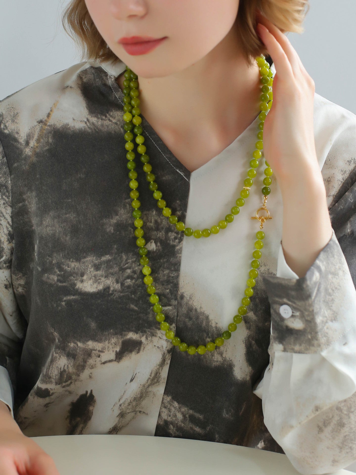 Green Grape Stone Beaded Long Necklace 8mm-Gembea Jewelry