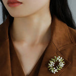 Green Leaf Peach Blossom Pearl Brooch gembea jewelry