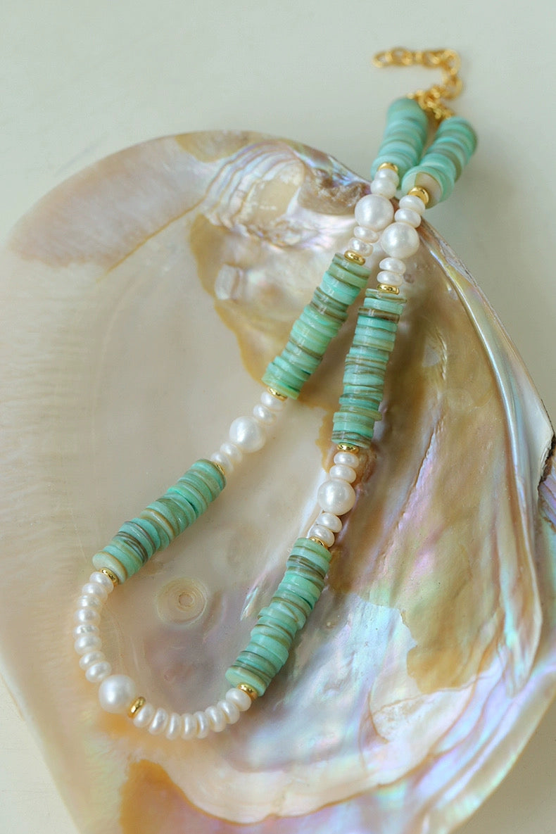 Green Shell Beads Pearl Necklace gembea jewelry