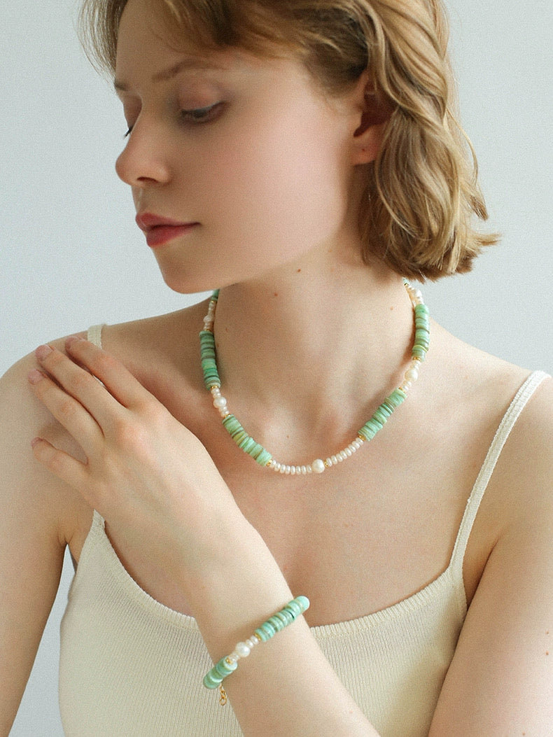 Green Shell Beads Pearl Necklace gembea jewelry