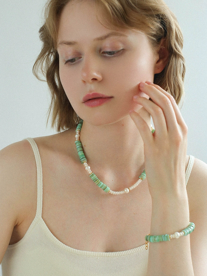 Green Shell Beads Pearl Necklace gembea jewelry