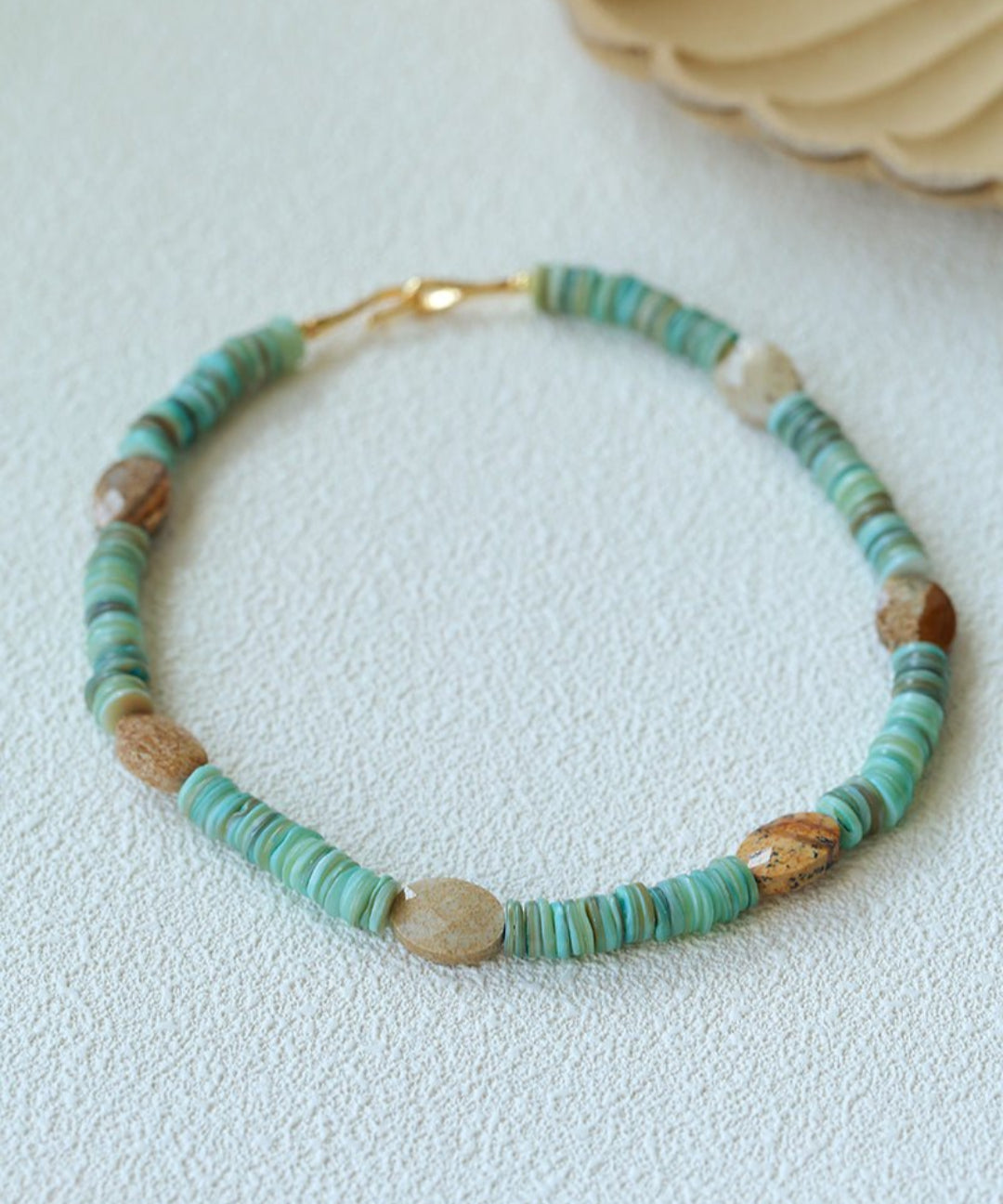 Green Shell Picture Stone Beaded Necklace gembea jewelry