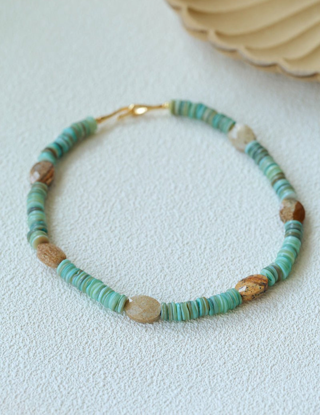 Green Shell Picture Stone Beaded Necklace gembea jewelry