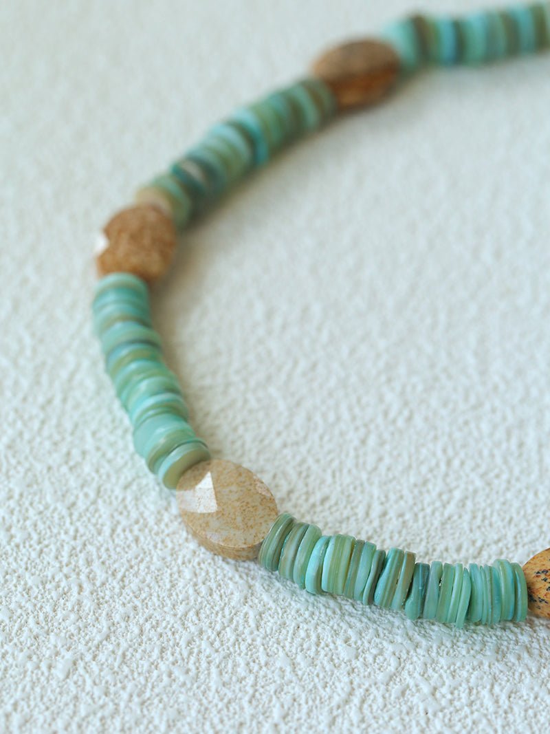 Green Shell Picture Stone Beaded Necklace gembea jewelry