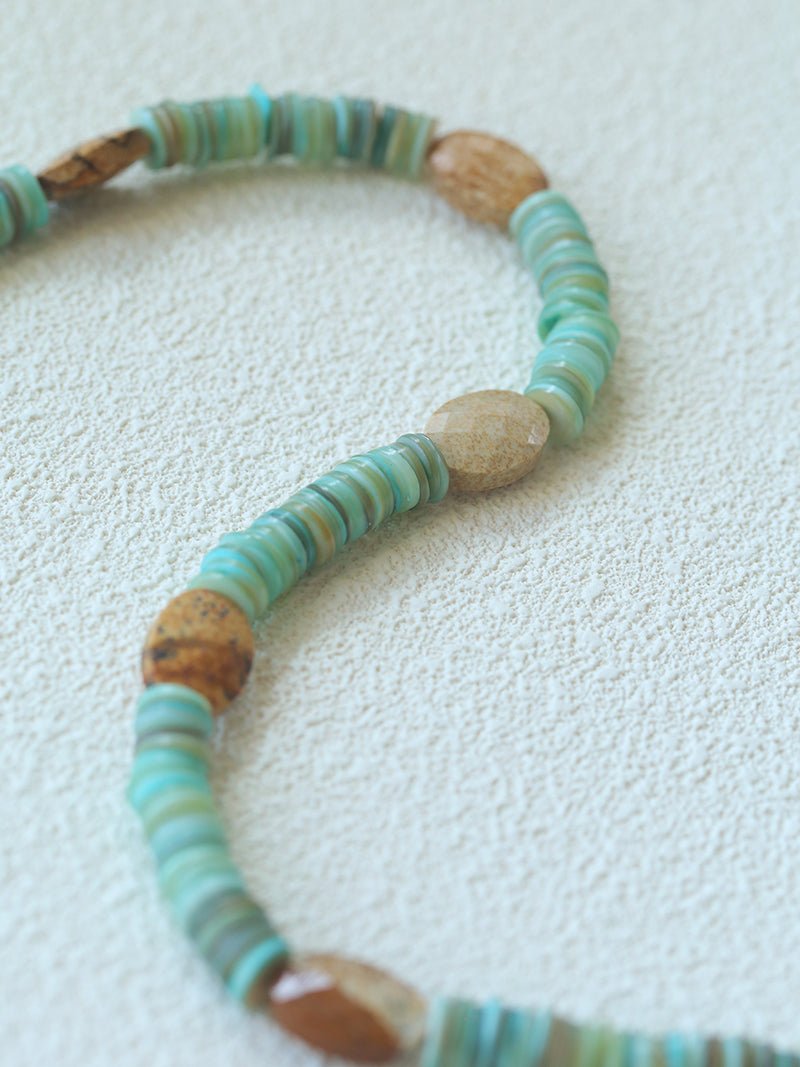 Green Shell Picture Stone Beaded Necklace gembea jewelry
