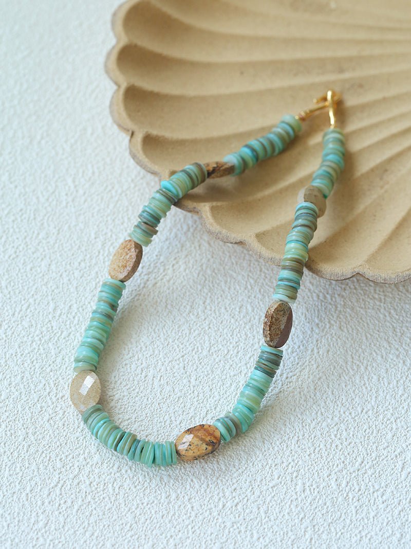 Green Shell Picture Stone Beaded Necklace gembea jewelry