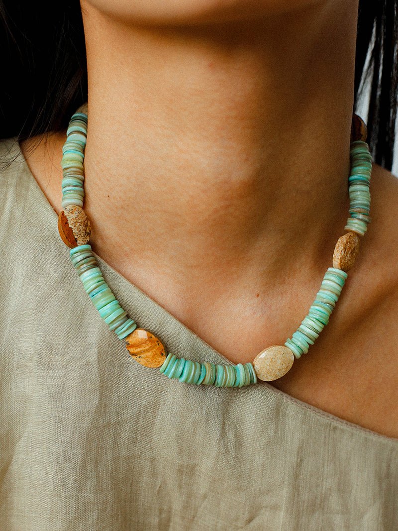 Green Shell Picture Stone Beaded Necklace gembea jewelry