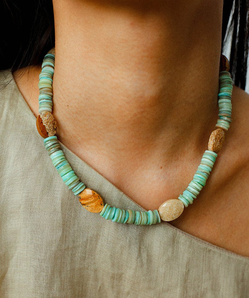 Green Shell Picture Stone Beaded Necklace gembea jewelry