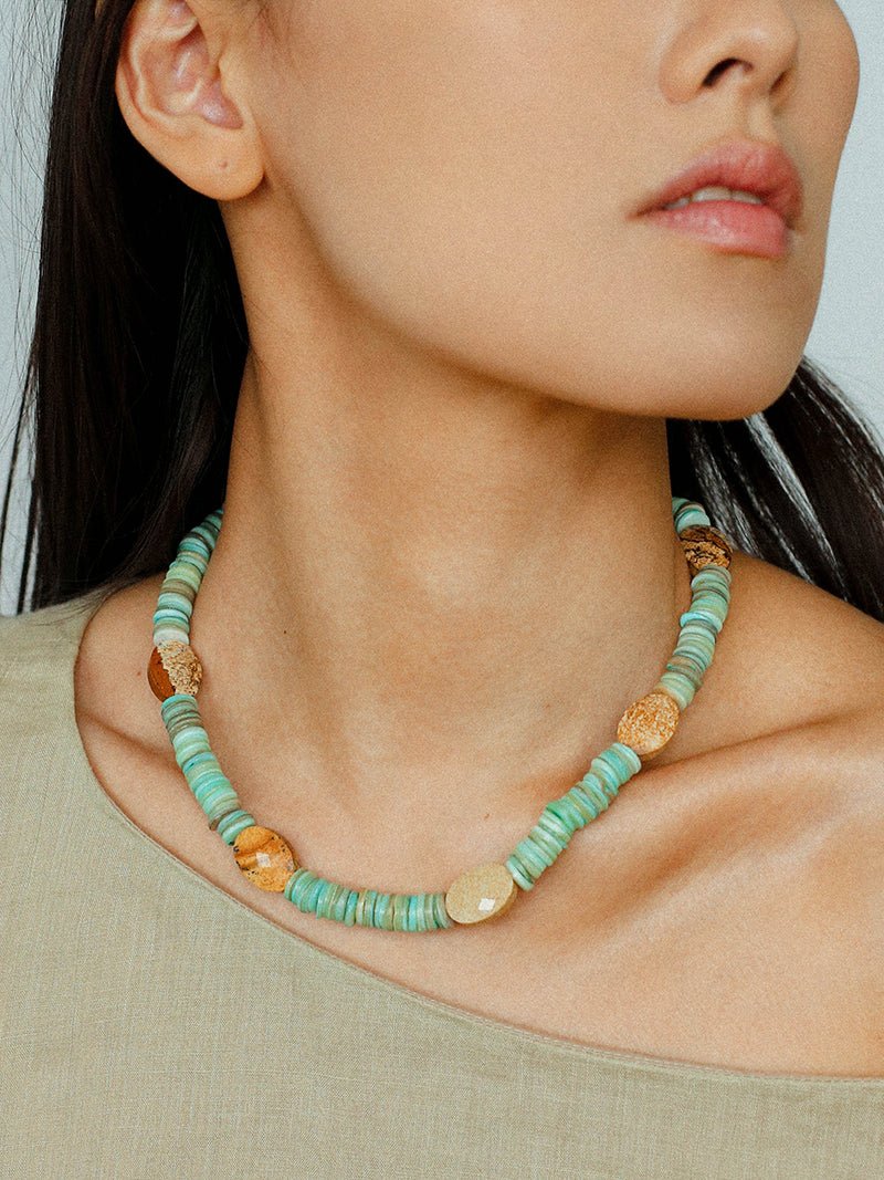 Green Shell Picture Stone Beaded Necklace gembea jewelry