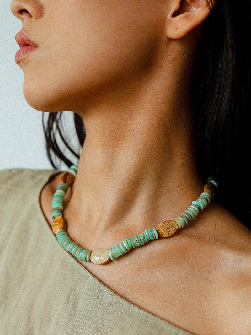 Green Shell Picture Stone Beaded Necklace gembea jewelry