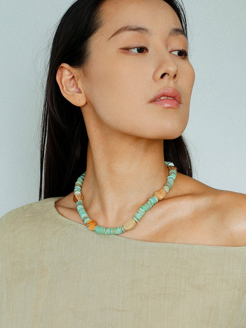 Green Shell Picture Stone Beaded Necklace gembea jewelry