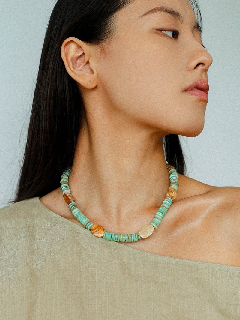 Green Shell Picture Stone Beaded Necklace gembea jewelry