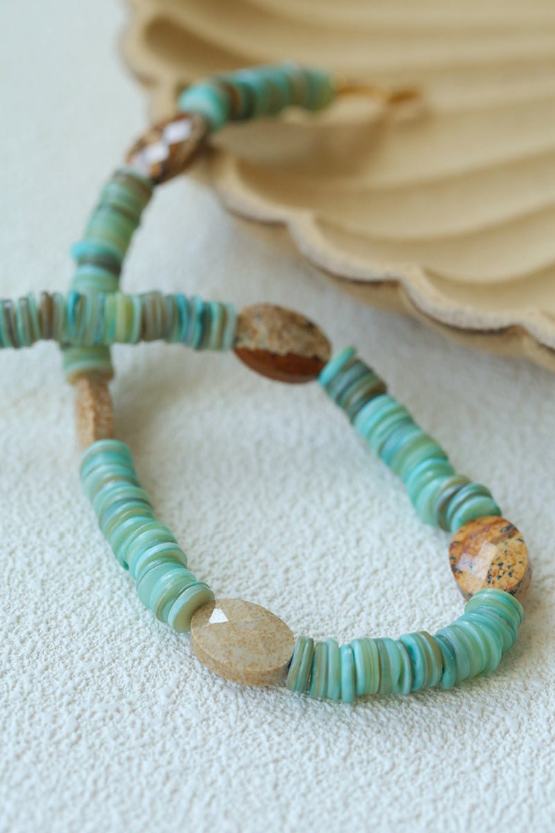 Green Shell Picture Stone Beaded Necklace gembea jewelry