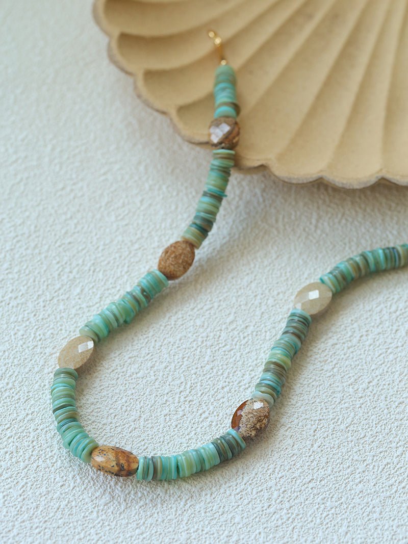 Green Shell Picture Stone Beaded Necklace gembea jewelry