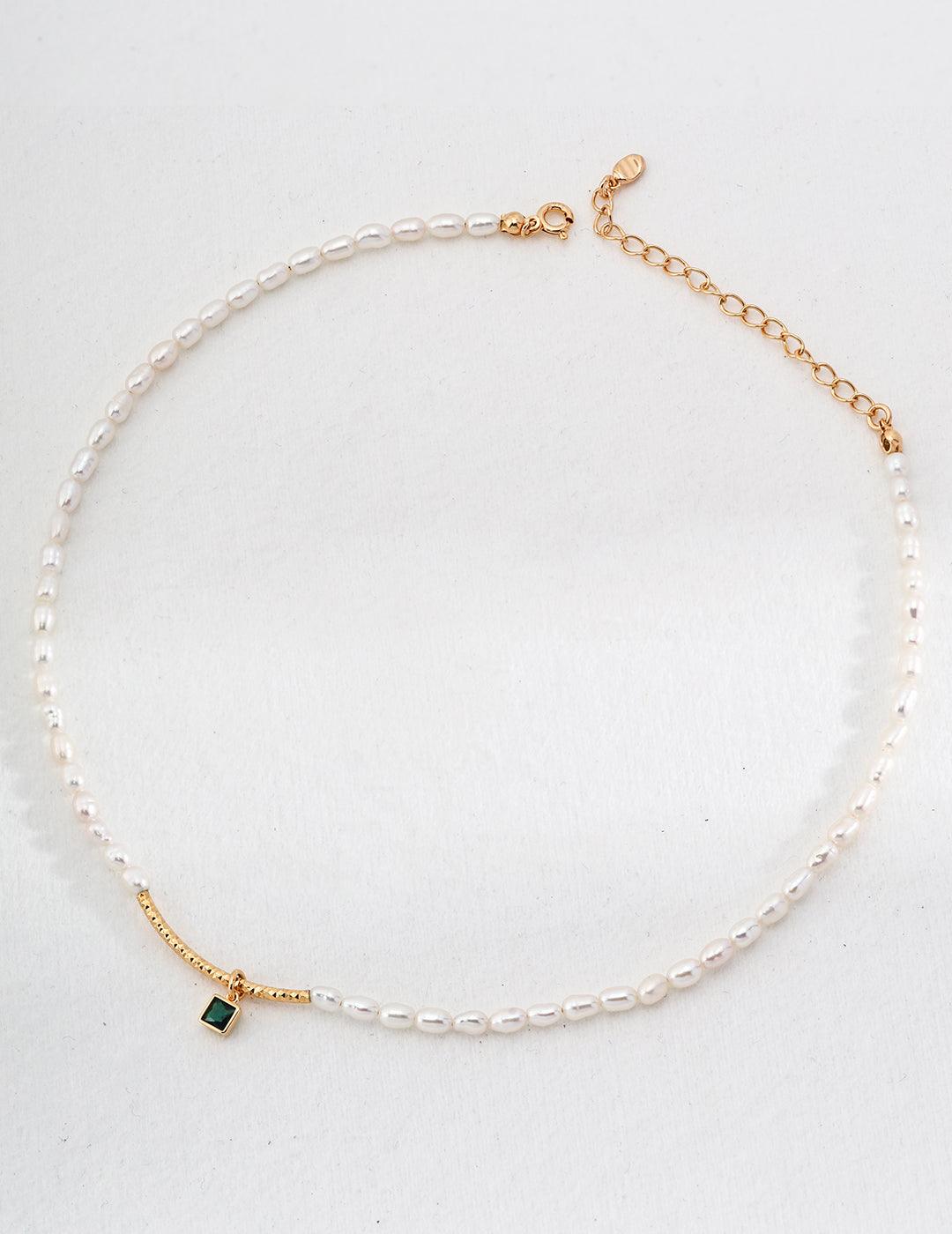 Green Zircon Pendant Rice Pearl Necklace - Gembea Jewelry