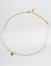 Green Zircon Pendant Rice Pearl Necklace - Gembea Jewelry