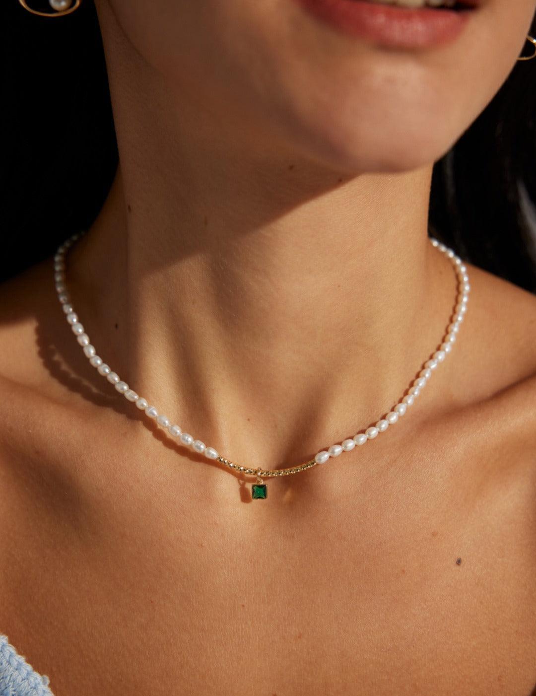 Green Zircon Pendant Rice Pearl Necklace - Gembea Jewelry
