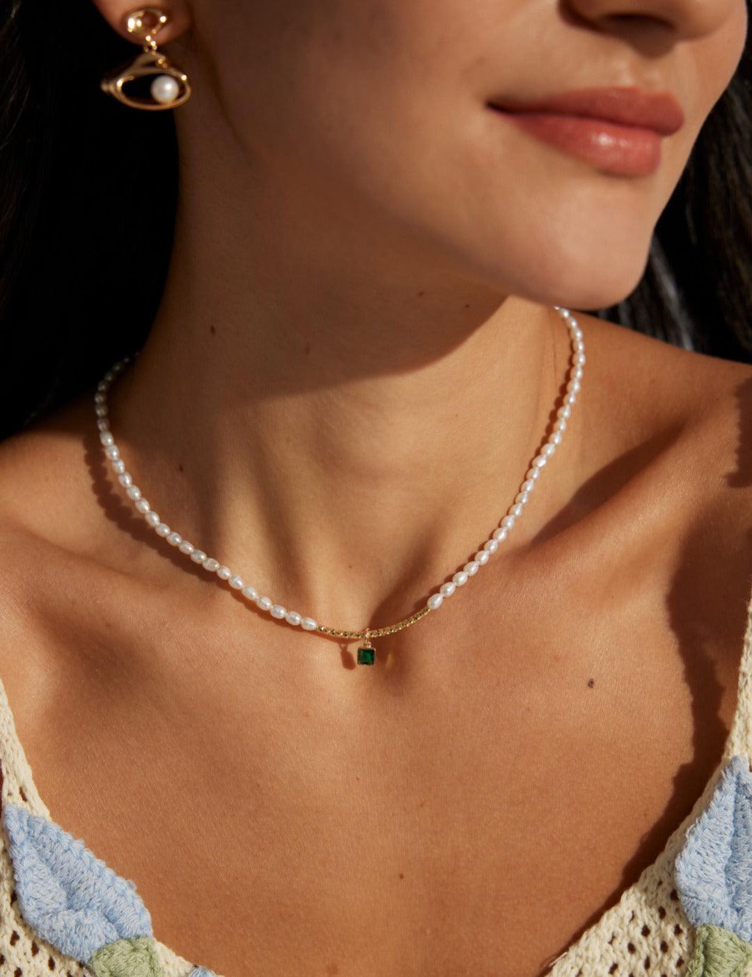 Green Zircon Pendant Rice Pearl Necklace - Gembea Jewelry