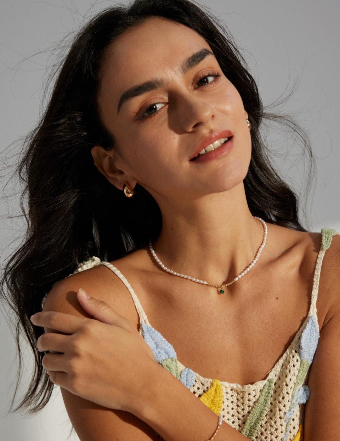 Green Zircon Pendant Rice Pearl Necklace - Gembea Jewelry