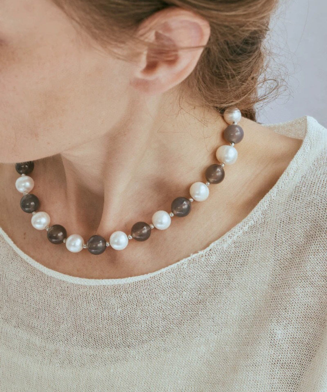 Grey Agate Artificial Pearl Beaded Necklace-Gembea Jewelry