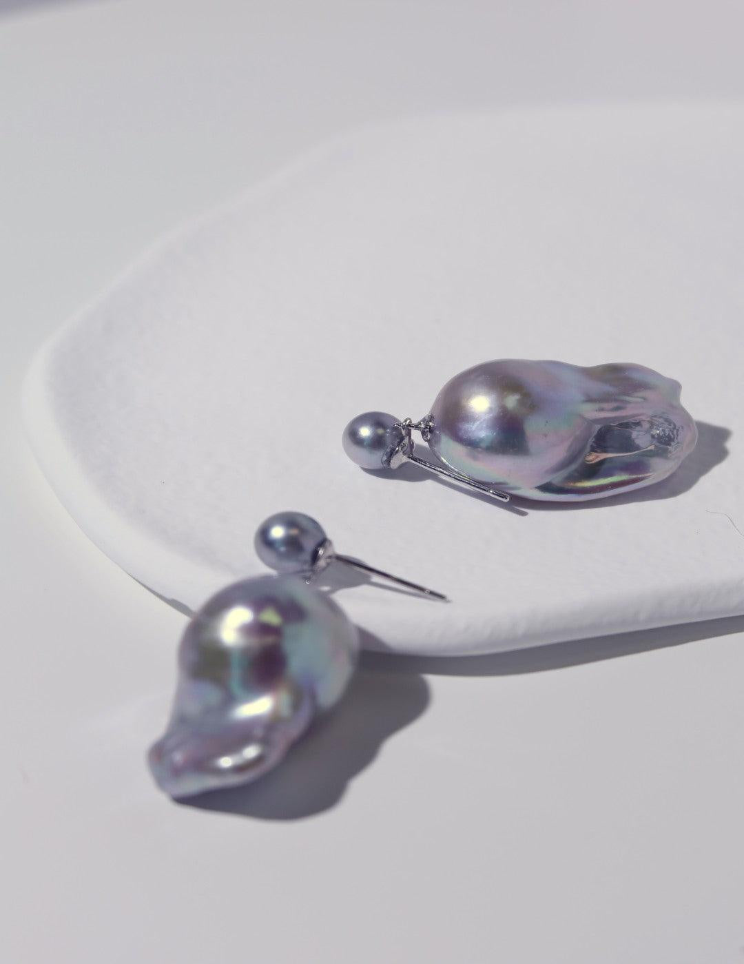 Grey Baroque Pendant Drop Earrings - Gembea Jewelry
