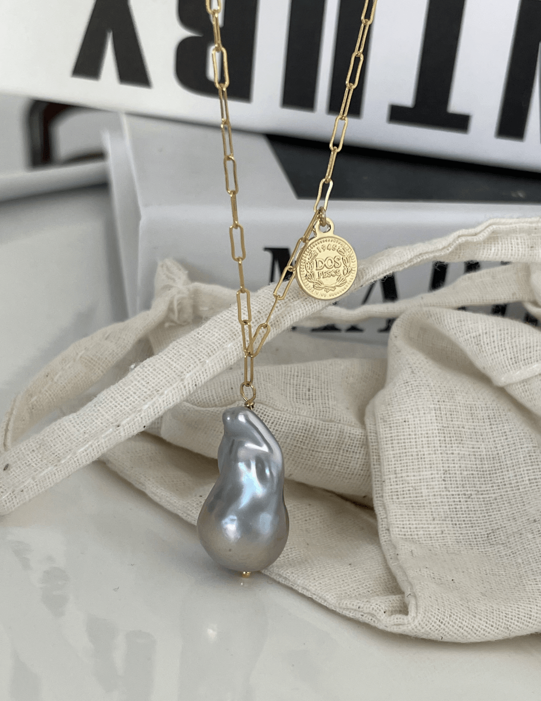 Grey Baroque Pendant Chain Pearl Necklace - Gembea Jewelry